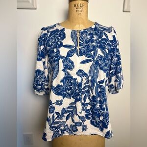 Christian Siriano Blue and White Floral Puff-Sleeve Blouse